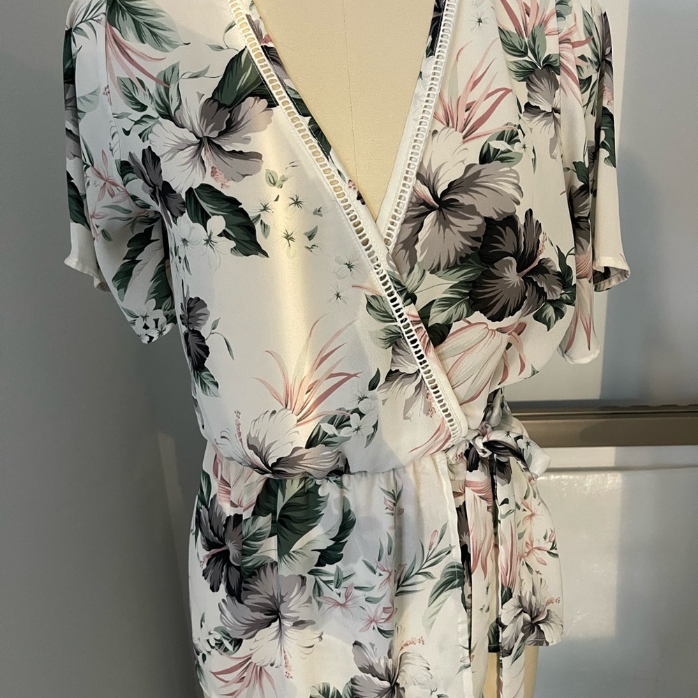Sienna Sky Cream Blouse with Green Leaves and Pink Accents-Medium